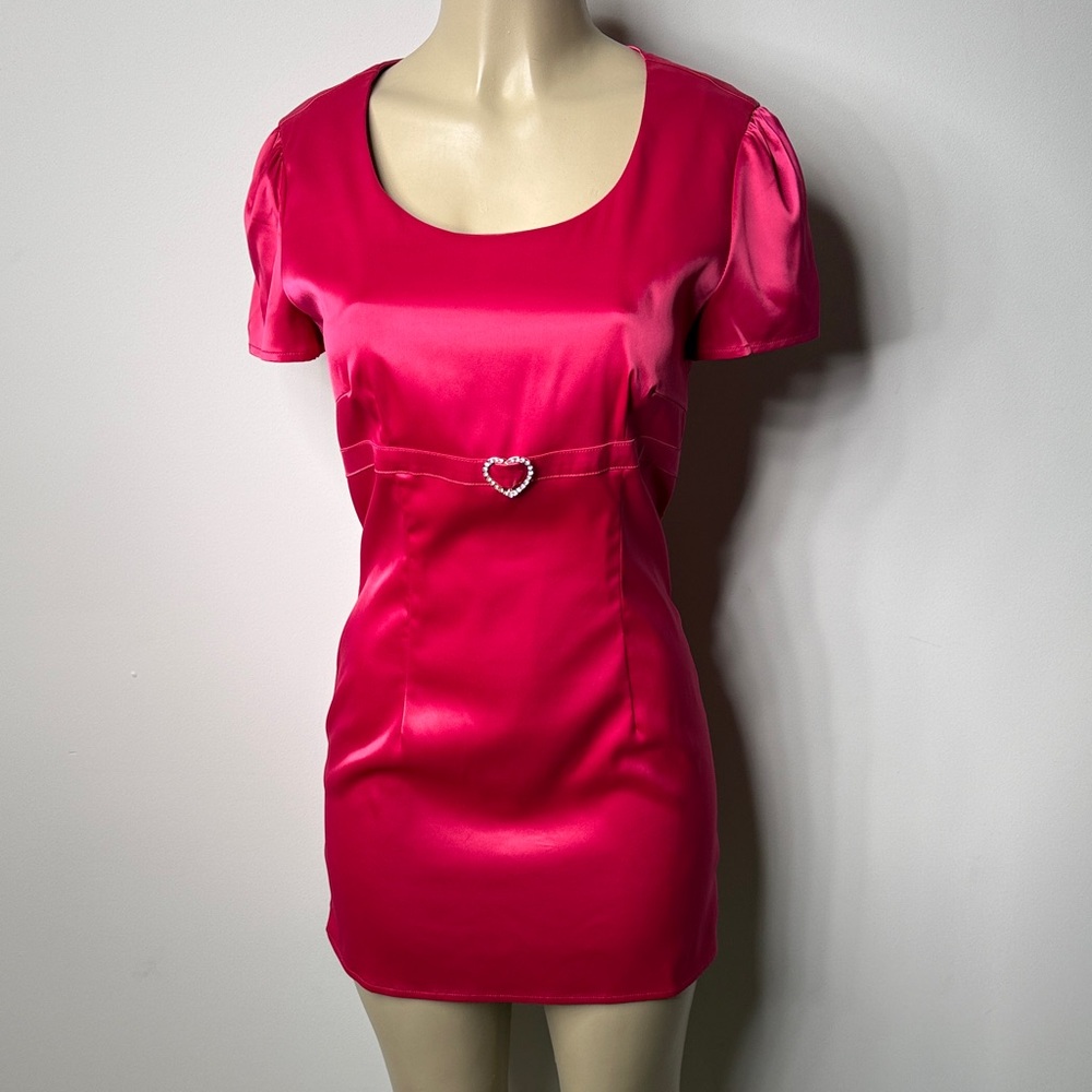 Sugar Thrillz Hot Pink Satin Mini Dress with Heart Buckle